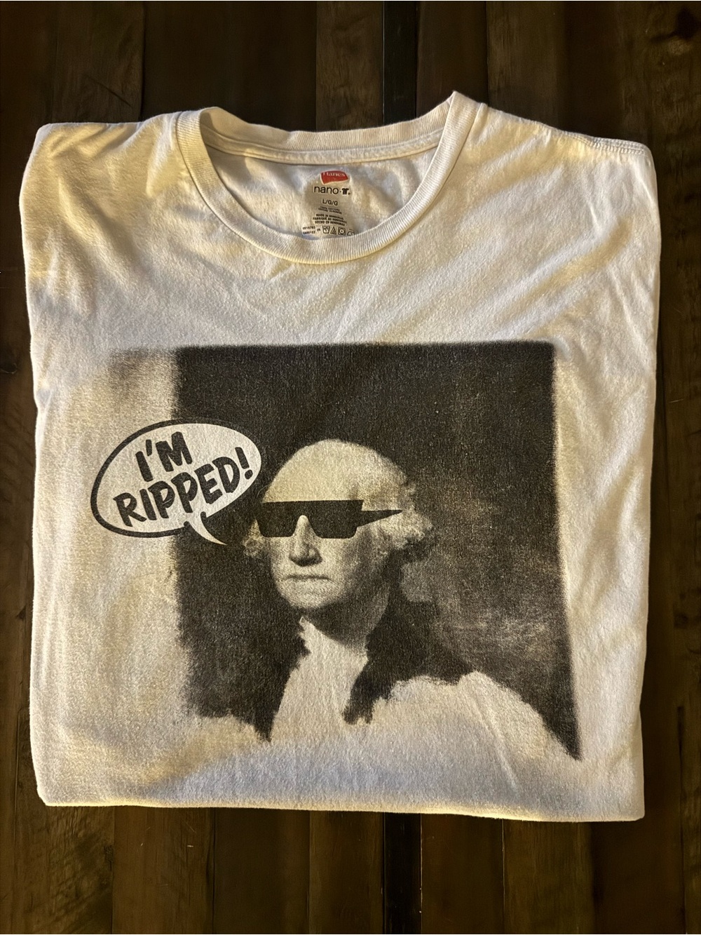 Hanes White Tee with Black 'I'm Ripped!' George Washington Graphic